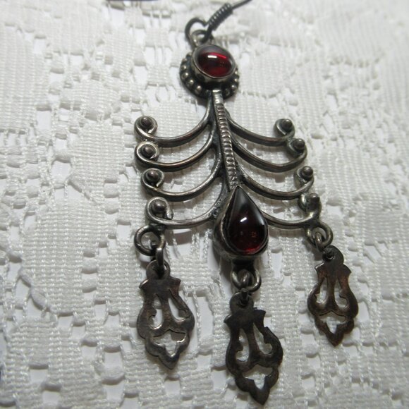 Vintage Sterling Silver 925 Garnet Dangle Earrings Boho Ethnic Tribal Cabochon - Picture 5 of 16